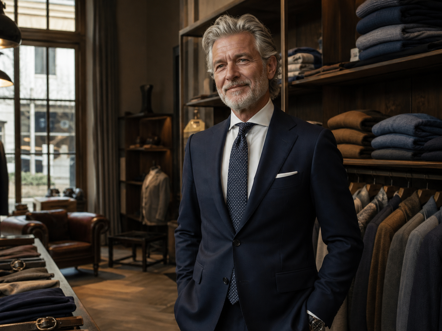 Man in een perfect passend donkerblauw kostuum in de winkel
